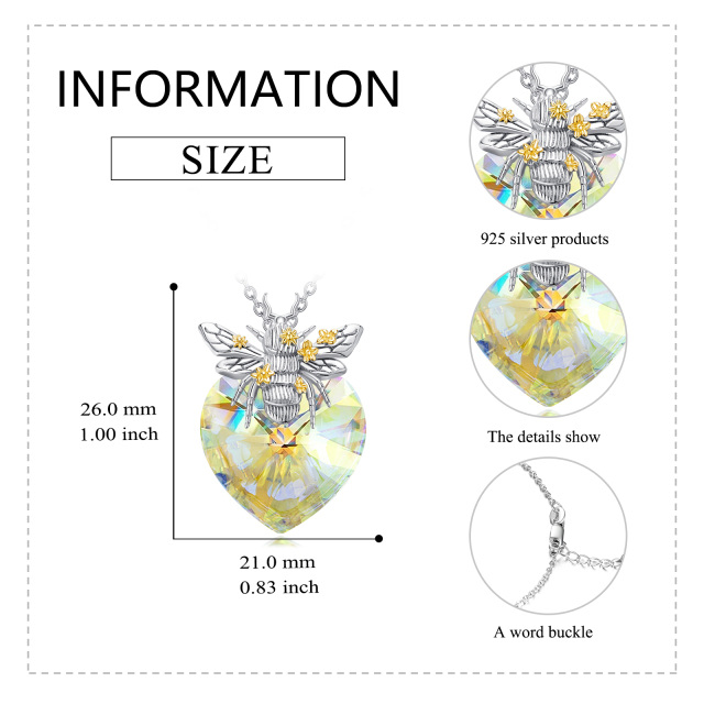 Colar com pingente de cristal de coração de abelha em forma de coração de dois tons em prata esterlina-5