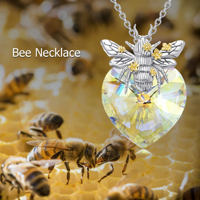 Sterling Silver Two-tone Heart Shaped Bee & Heart Crystal Pendant Necklace-4