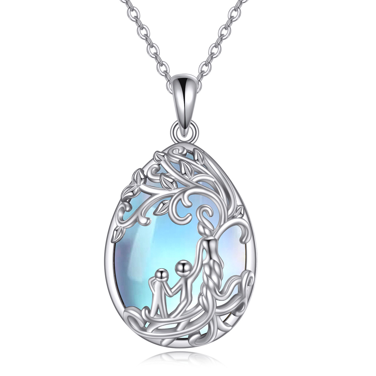 Sterling Silver Moonstone Tree Of Life & Mother Pendant Necklace-1