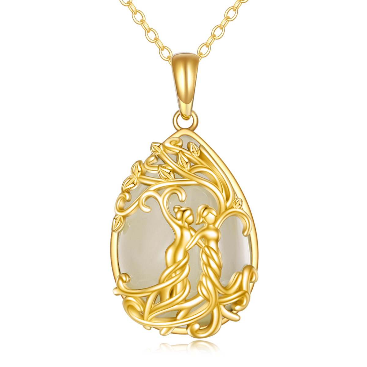 14K Gold Jade Tree Of Life & Sisters Pendant Necklace-1