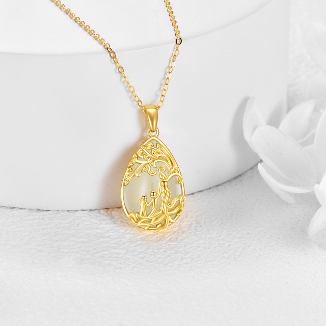 14K Gold Pear Shaped Jade Tree Of Life & Mother Pendant Necklace-2