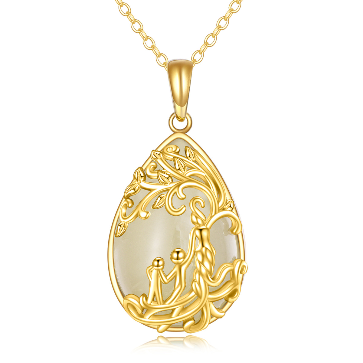 14K Gold Pear Shaped Jade Tree Of Life & Mother Pendant Necklace-1