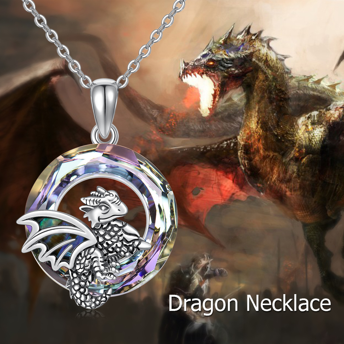 Sterling Silver Round Dragon Crystal Pendant Necklace-7