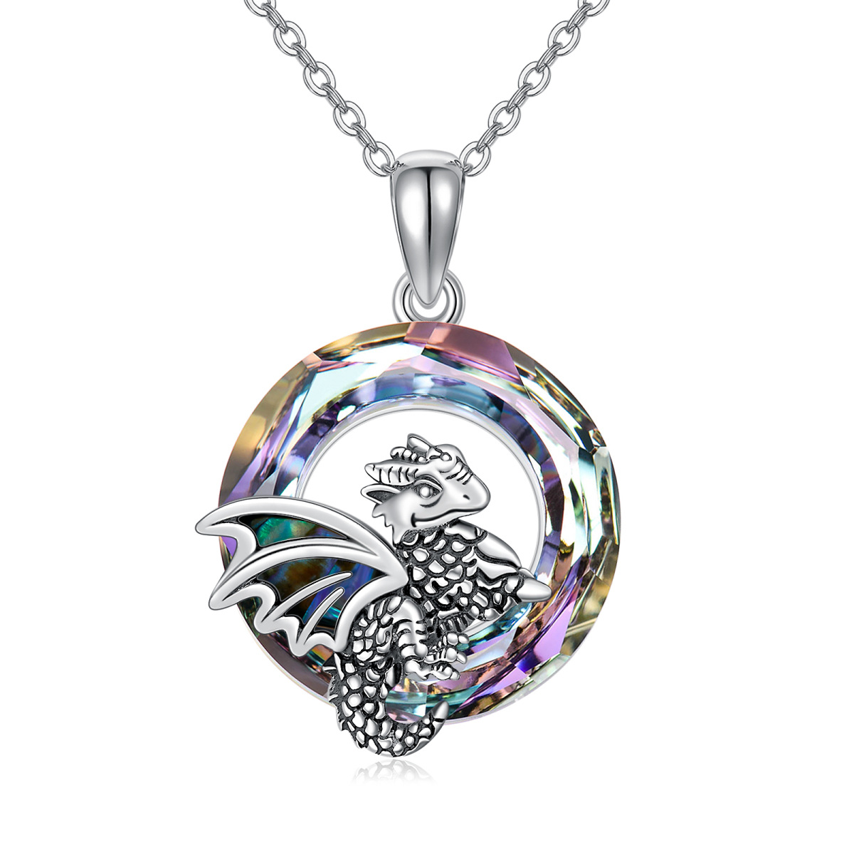 Sterling Silver Round Dragon Crystal Pendant Necklace-1