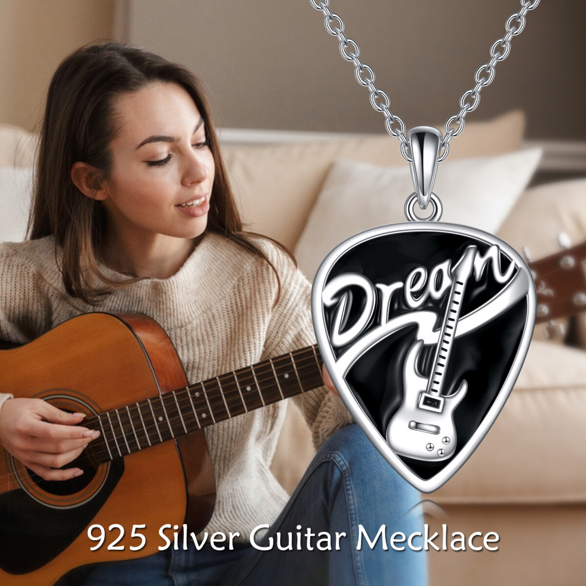 Sterling Silber Zweifarbige Gitarre Anhänger Halskette-6