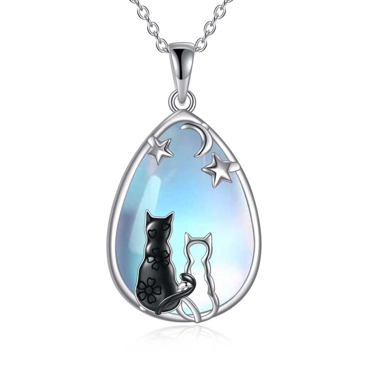 Sterling Silver Two-tone Moonstone Cat & Drop Shape & Pentagram Pendant Necklace-1