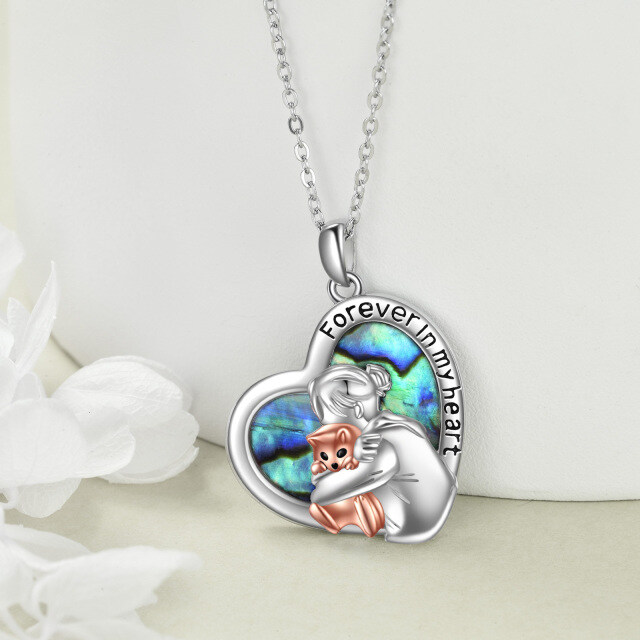 Sterling Silver Two-tone Abalone Shellfish Cat & Heart Pendant Necklace with Engraved Word-2