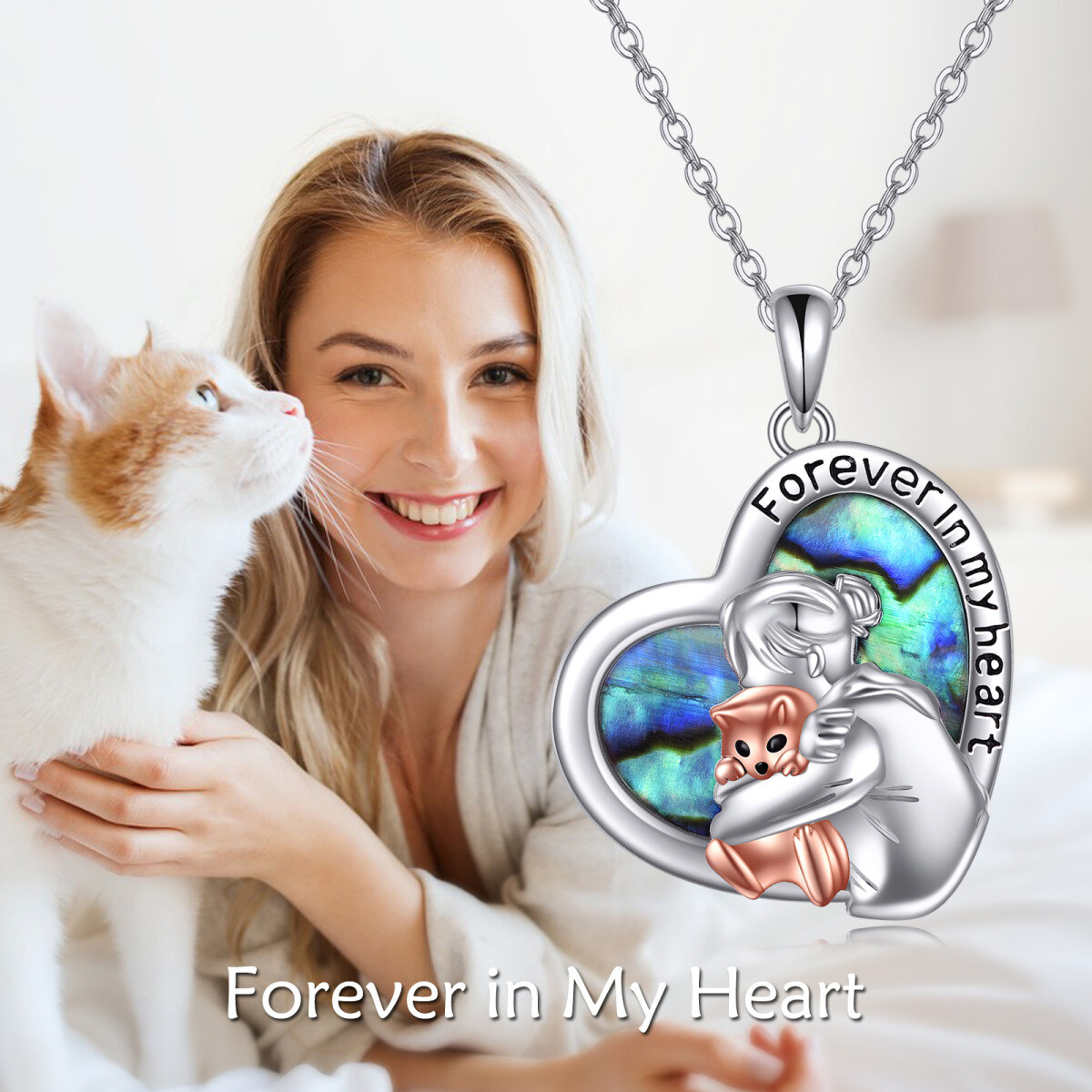 Collar de plata de ley bicolor con colgante de concha de abalón, gato y corazón con palabr-6