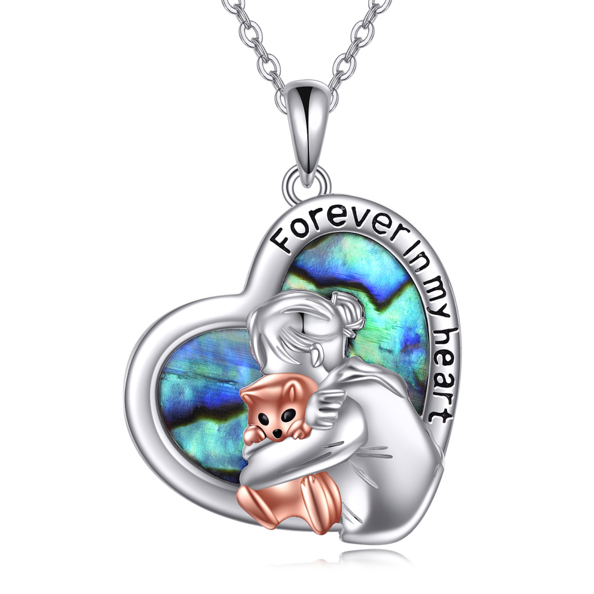 Sterling Silver Two-tone Abalone Shellfish Cat & Heart Pendant Necklace with Engraved Word-1