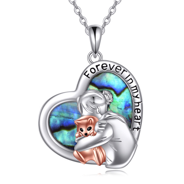 Sterling Silver Two-tone Abalone Shellfish Cat & Heart Pendant Necklace with Engraved Word-0