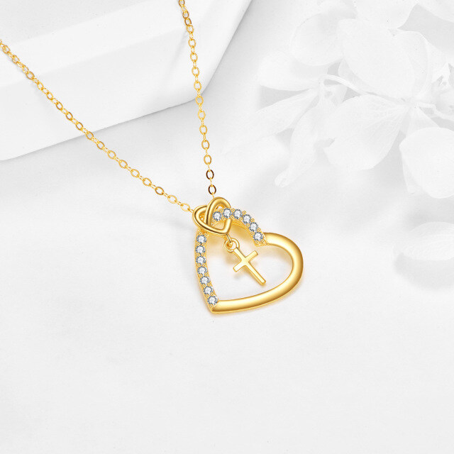 14K Gold Round Zircon Cross & Heart Pendant Necklace-3