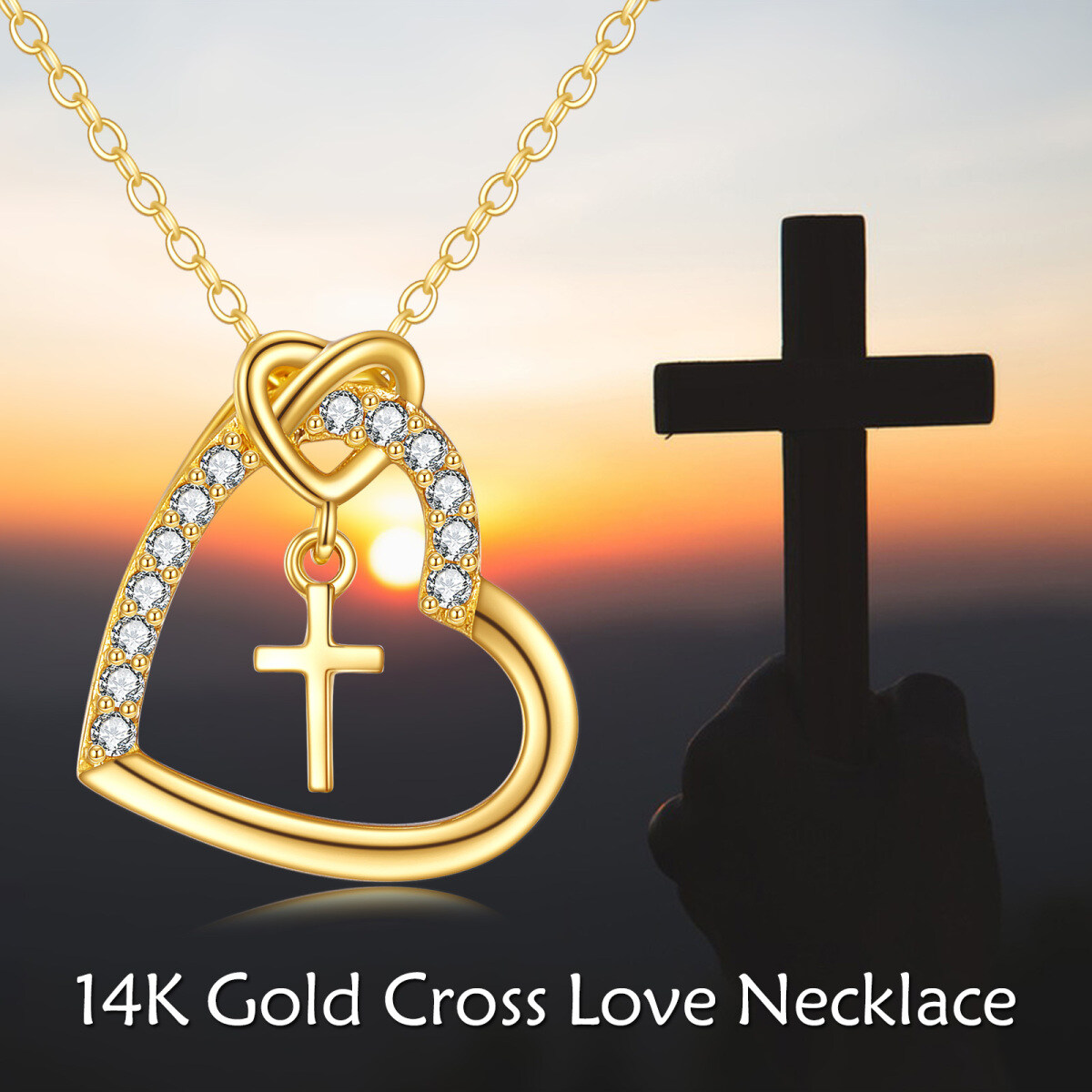 14K Gold Round Zircon Cross & Heart Pendant Necklace-6