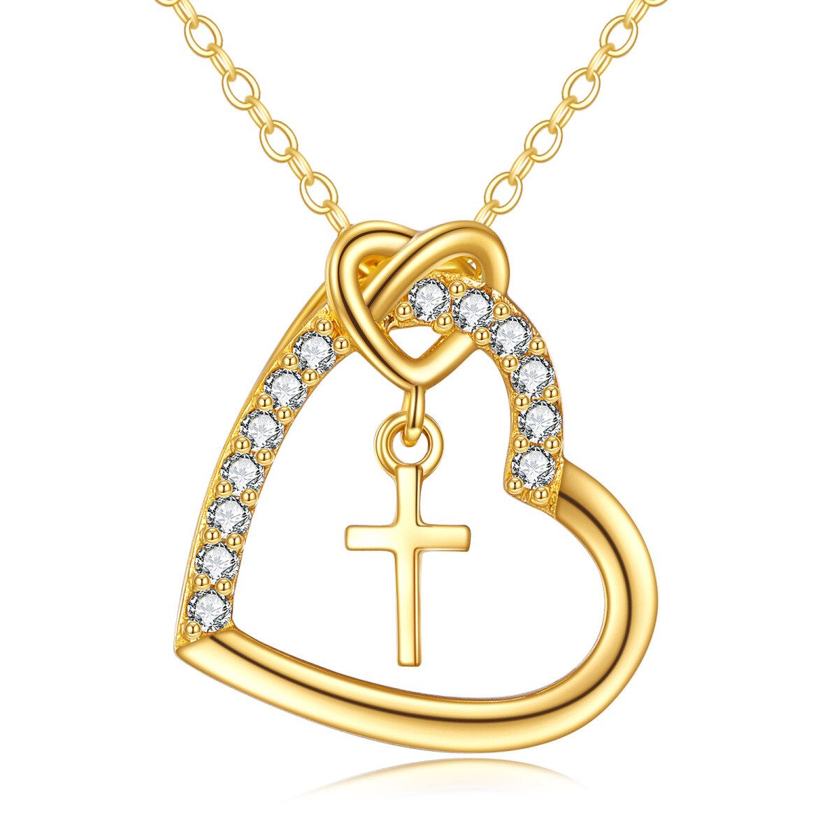 14K Gold Round Zircon Cross & Heart Pendant Necklace-1