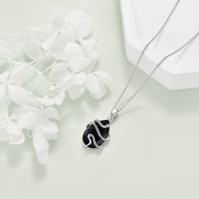 Sterling Silver Teardrop/Pear-shaped Agate Snake Pendant Necklace-3