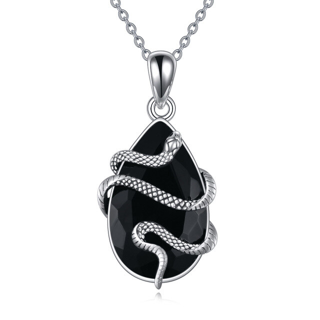 Sterling Silver Teardrop/Pear-shaped Agate Snake Pendant Necklace-0
