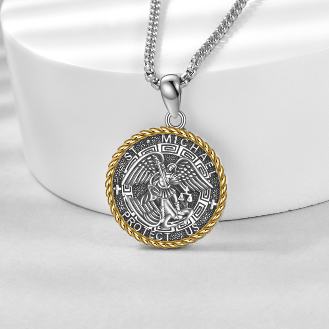 Sterling Silver Two-tone Saint Michael Pendant Necklace with Engraved Word for Men-3