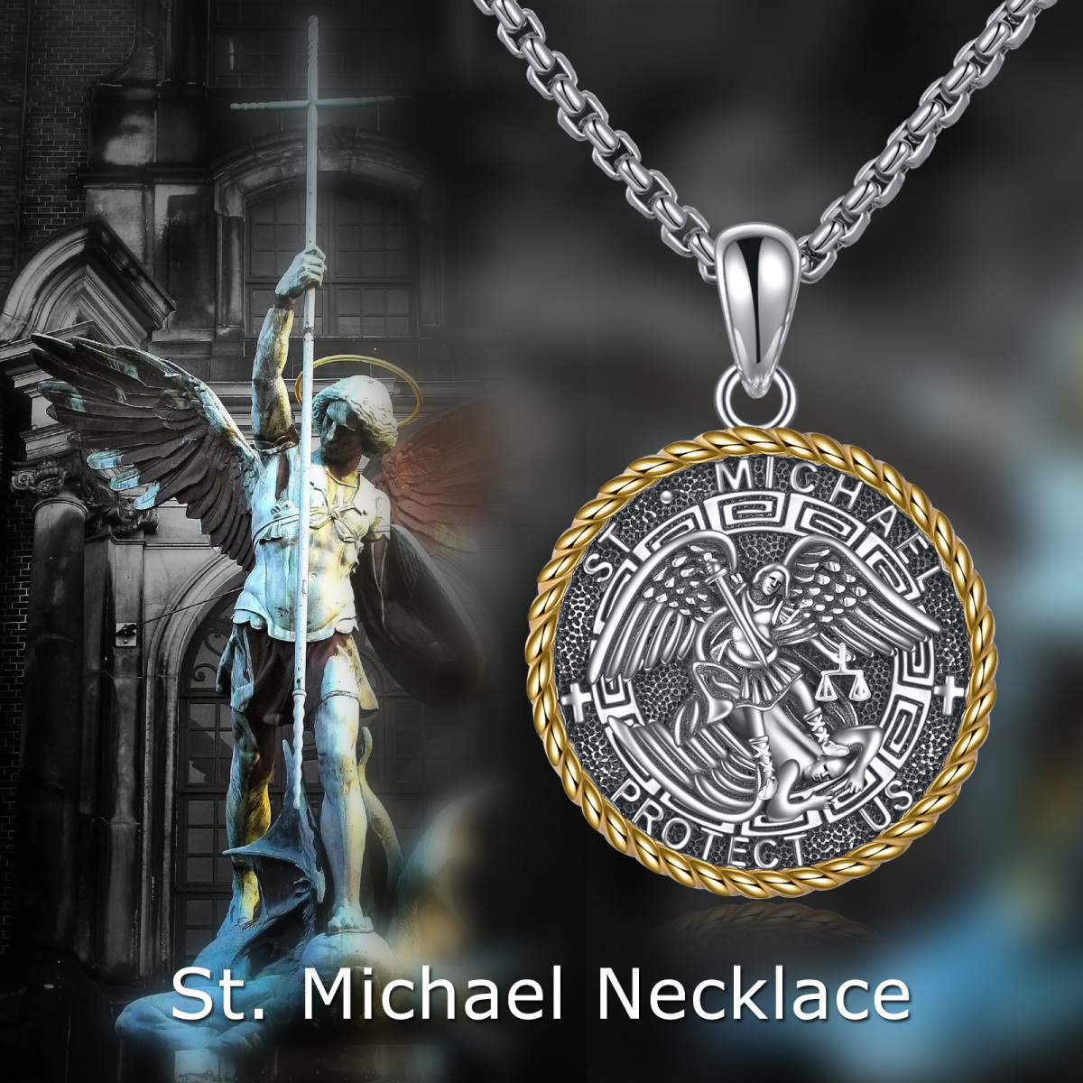 Sterling Silver Two-tone Saint Michael Pendant Necklace with Engraved Word for Men-6