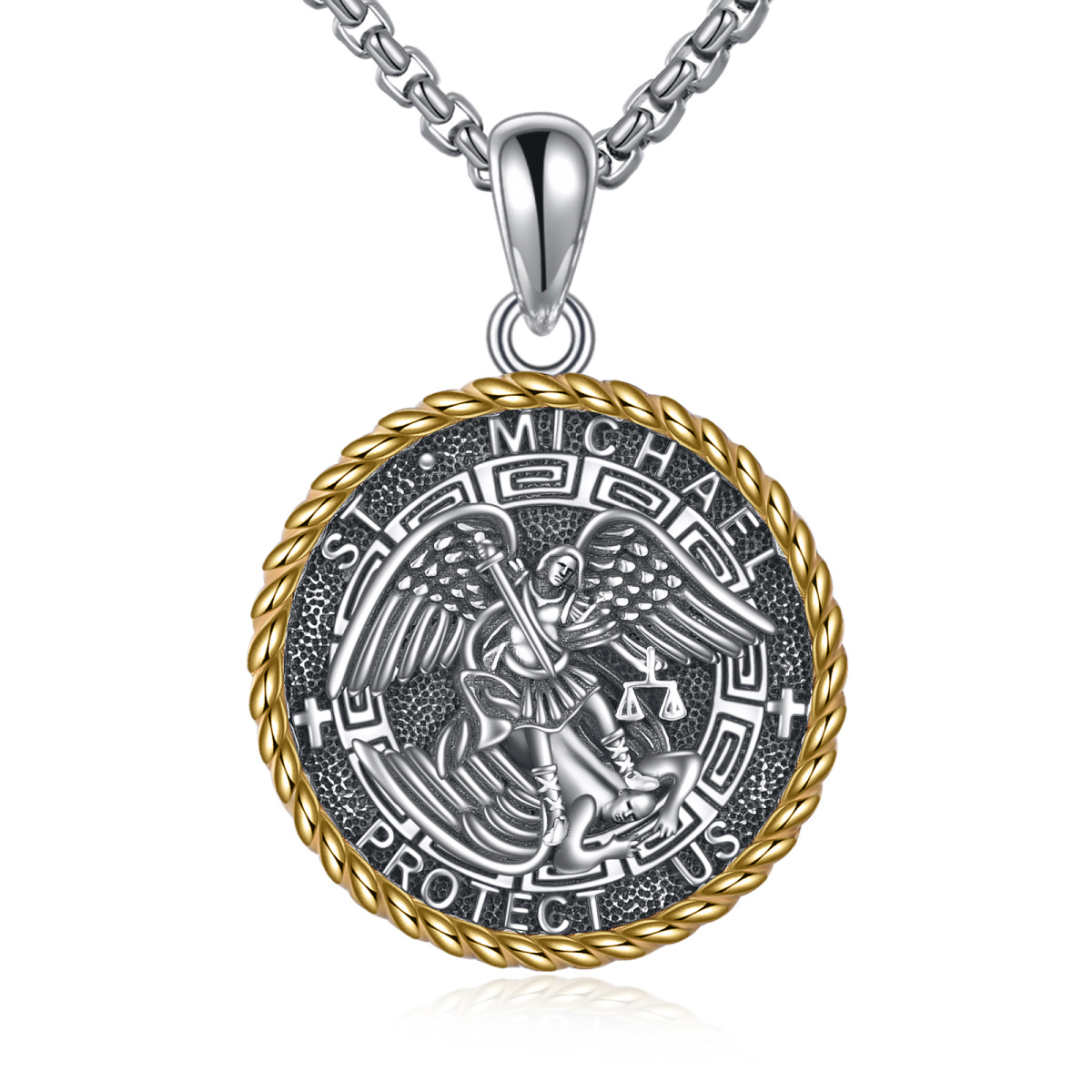 Sterling Silver Two-tone Saint Michael Pendant Necklace with Engraved Word for Men-1