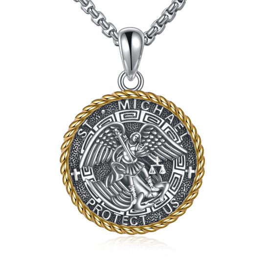 Sterling Silver Two-tone Saint Michael Pendant Necklace with Engraved Word for Men