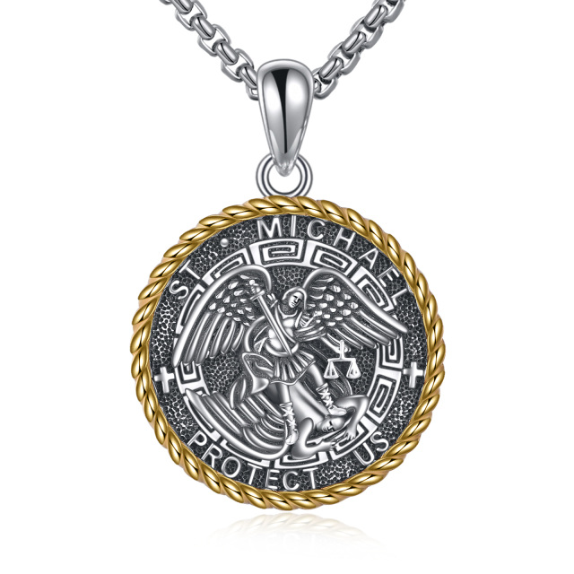 Sterling Silver Two-tone Saint Michael Pendant Necklace with Engraved Word for Men-0