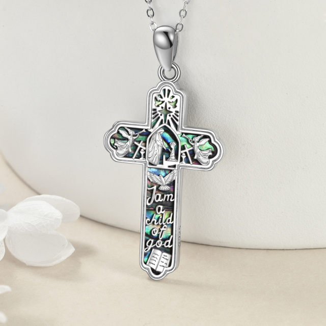 Sterling Silver Abalone Shellfish Cross Pendant Necklace with Engraved Word-2