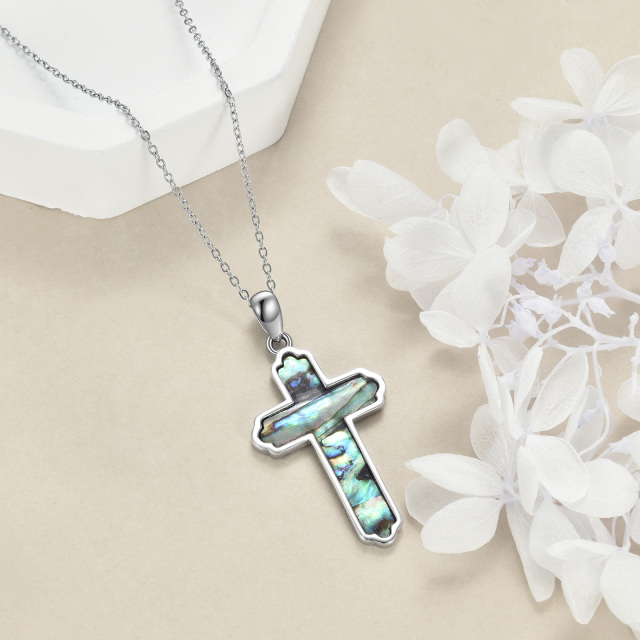 Sterling Silver Abalone Shellfish Cross Pendant Necklace with Engraved Word-3