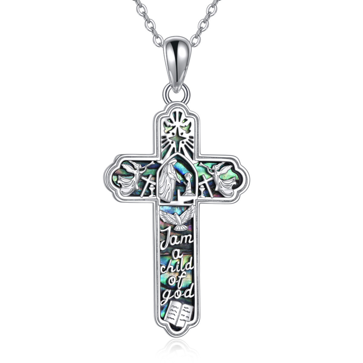 Sterling Silver Abalone Shellfish Cross Pendant Necklace with Engraved Word-1