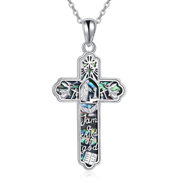 Sterling Silver Abalone Shellfish Cross Pendant Necklace with Engraved Word-2