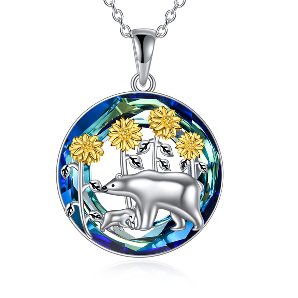 Sterling Silver Two-tone Polar Bear & Sunflower Crystal Pendant Necklace-1