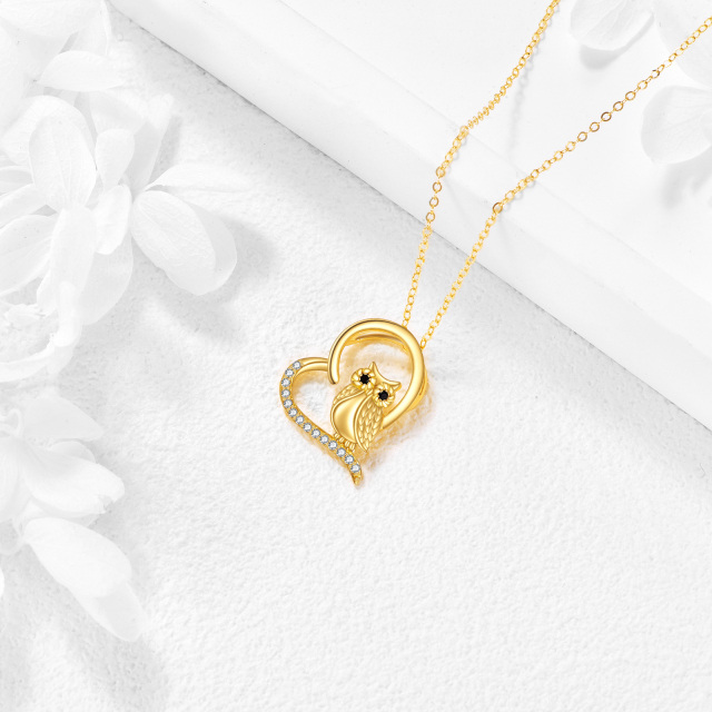 14K Gold Cubic Zirconia Owl & Heart Pendant Necklace-3