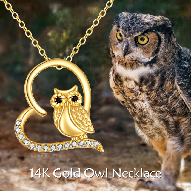14K Gold Cubic Zirconia Owl & Heart Pendant Necklace-4