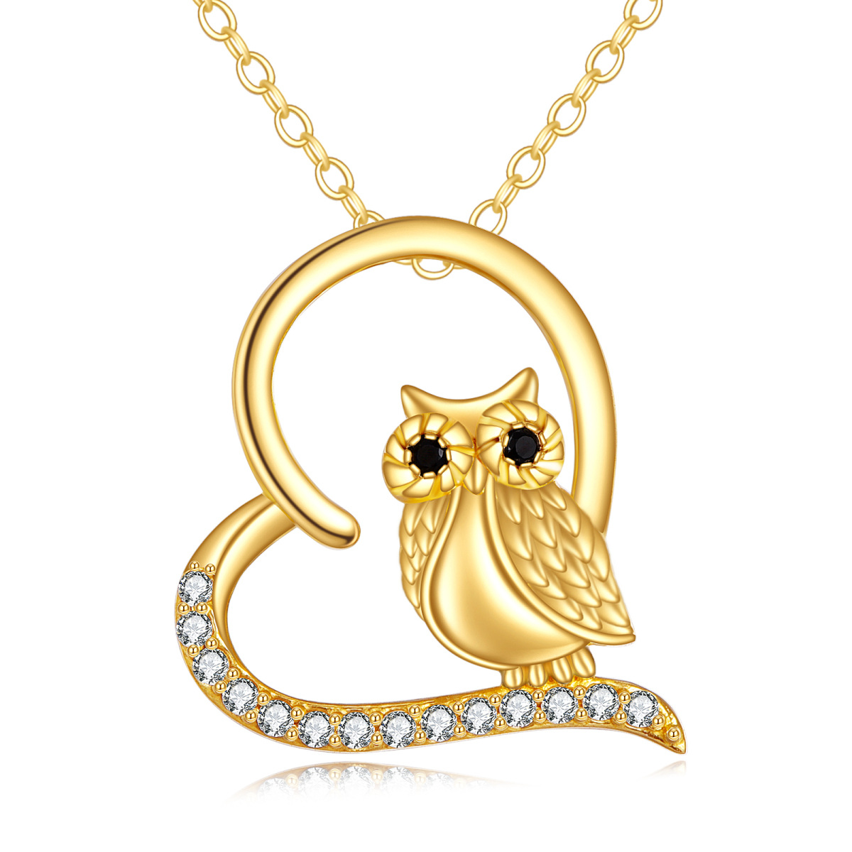 Collier pendentif hibou et coeur en or 14K à zircons cubiques-1