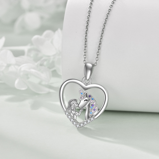 Sterling Silver Round Zircon Heart & Unicorn Pendant Necklace-2