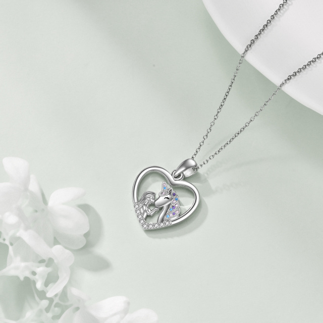 Sterling Silver Round Zircon Heart & Unicorn Pendant Necklace-3