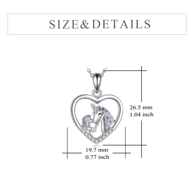 Sterling Silver Round Zircon Heart & Unicorn Pendant Necklace-4