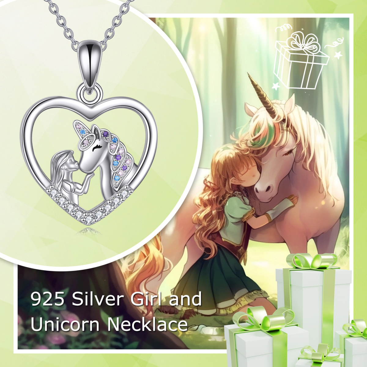 Sterling Silver Round Zircon Heart & Unicorn Pendant Necklace-6