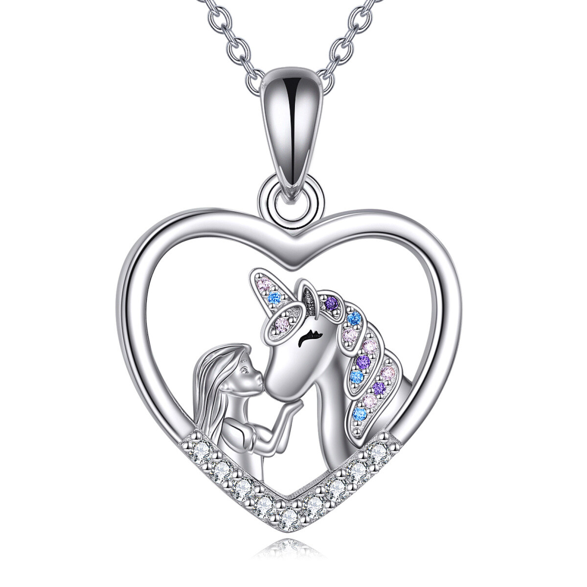Sterling Silver Round Zircon Heart & Unicorn Pendant Necklace-1