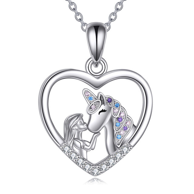 Sterling Silver Round Zircon Heart & Unicorn Pendant Necklace-0