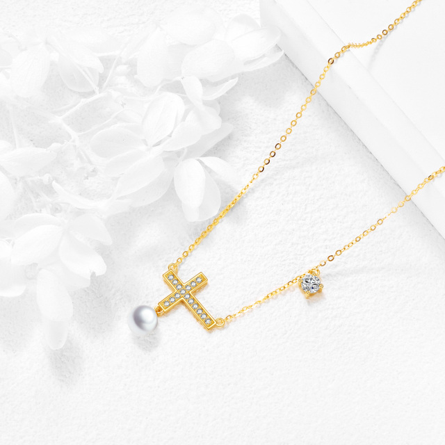 14K Gold Cubic Zirconia & Pearl Cross Pendant Necklace-3