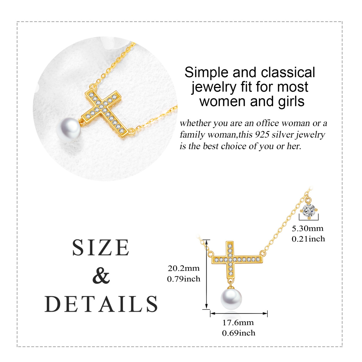 Collar de oro de 14 quilates con circonita cúbica y perla con colgante en forma de cruz-6