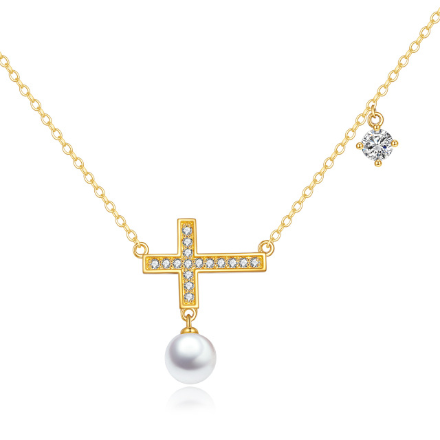 Collar de oro de 14 quilates con circonita cúbica y perla con colgante en forma de cruz-0