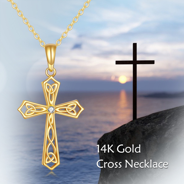 14K Gold Cubic Zirconia Celtic Knot & Cross Pendant Necklace-2