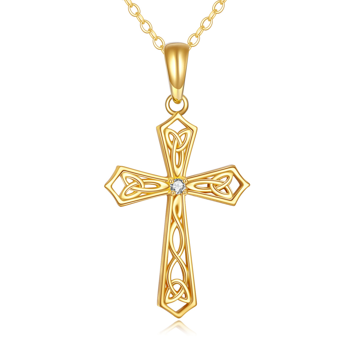 14K Gold Cubic Zirkonia Keltischer Knoten & Kreuz Anhänger Halskette-1