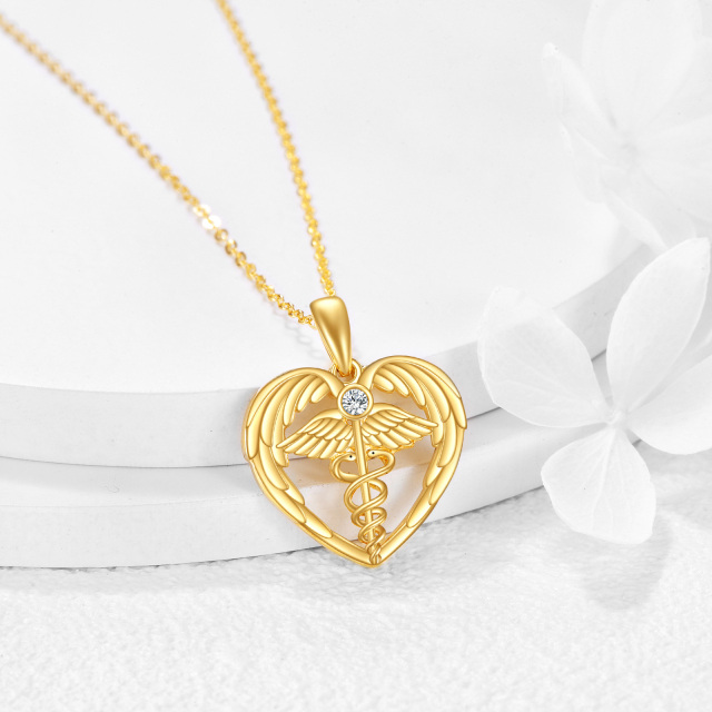 14K Gold Cubic Zirconia Mercury's Scepter Angel Wing & Heart Pendant Necklace-3