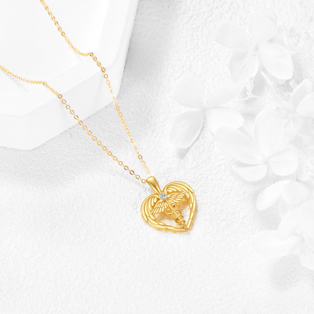 14K Gold Cubic Zirconia Mercury's Scepter Angel Wing & Heart Pendant Necklace-4