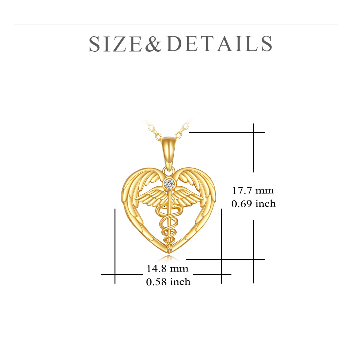 14K Gold Cubic Zirconia Mercury's Scepter Angel Wing & Heart Pendant Necklace-6