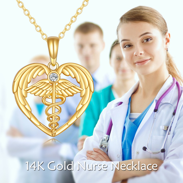 14K Gold Cubic Zirconia Mercury's Scepter Angel Wing & Heart Pendant Necklace-5
