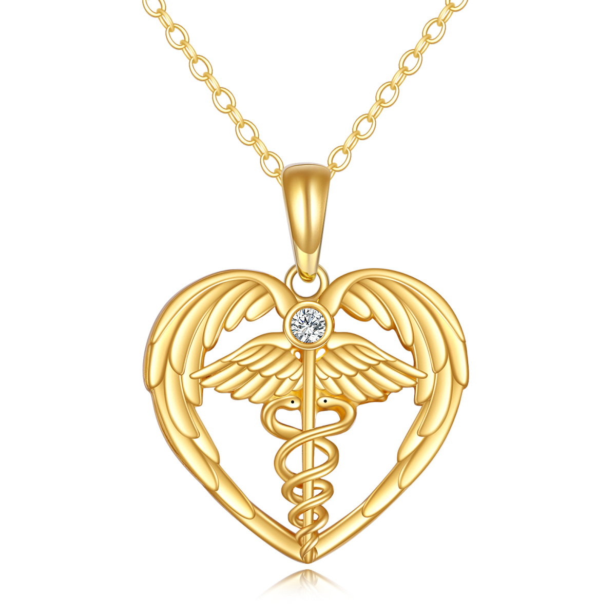 14K Gold Cubic Zirconia Mercury's Scepter Angel Wing & Heart Pendant Necklace-1