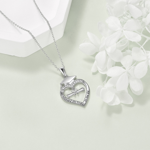 Sterling Silver Round Zircon Heart Pendant Necklace-2