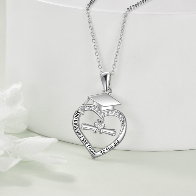 Sterling Silver Round Zircon Heart Pendant Necklace-3